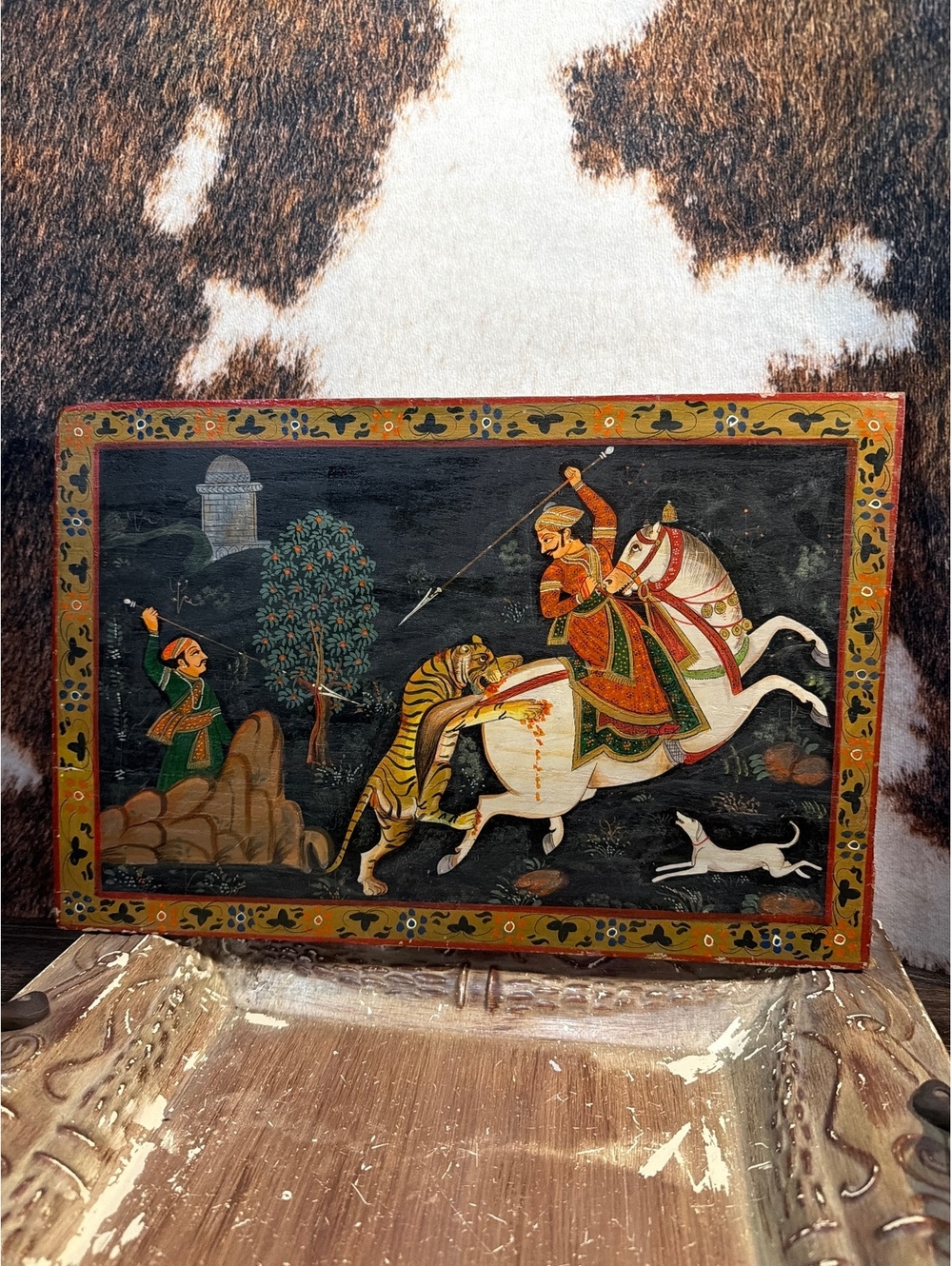 Vintage Indian Painted Wooden Plaque with Horse and Tiger Scene
